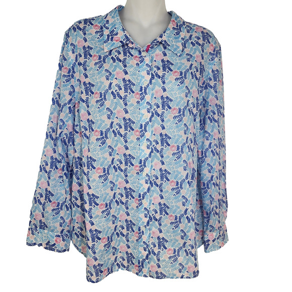 Talbots Petite Shirt XLP Button Front Classic Cotton Blue Pink Floral Ferns - Picture 1 of 8